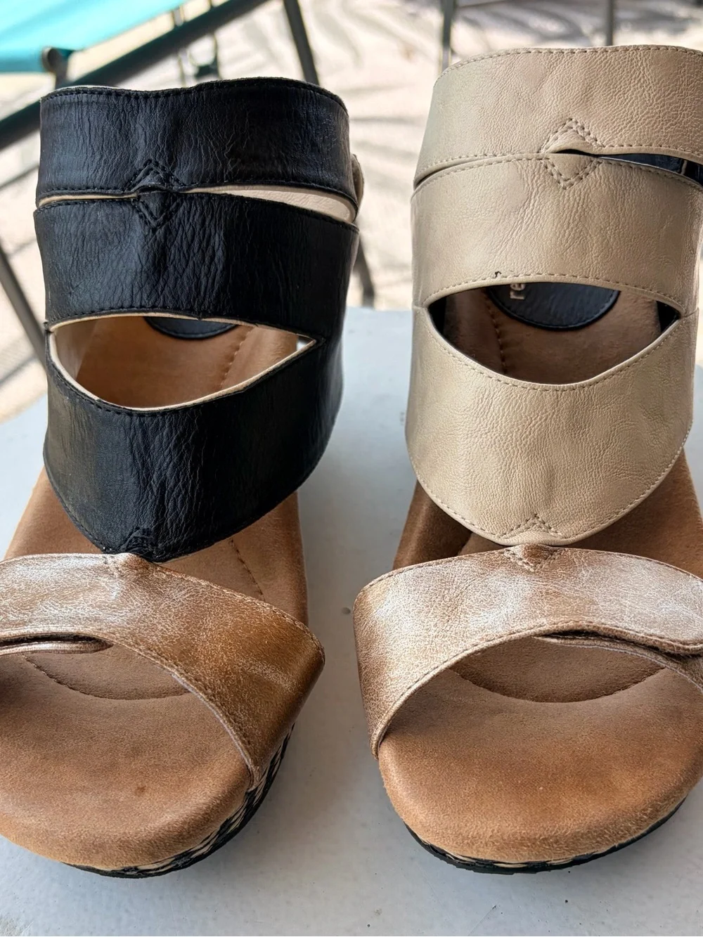 Women’s Modzori Black and Tan Reversible Cutout Wedge Sandals